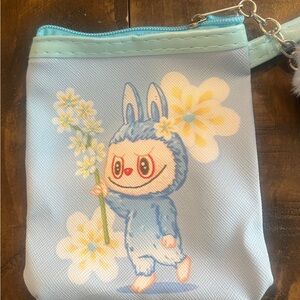 Cute Blue Labubu Coin Pouch with Floral Art Bag Purse